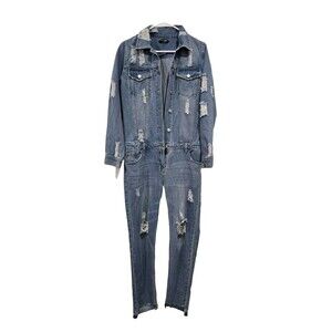 Fashion Nova Denim Long Sleeve Distressed Button Up Jumpsuit Small‎ S